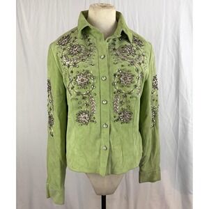 Double D Ranch Green Suede Embellished Western Shirt Jacket S Festive Y2K